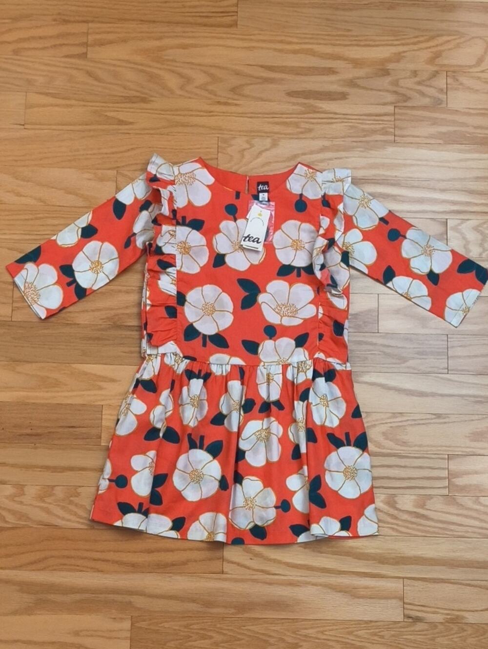 Tea Collection Ruffle Sleeve Dress Painted Peonies Size 10 NWT